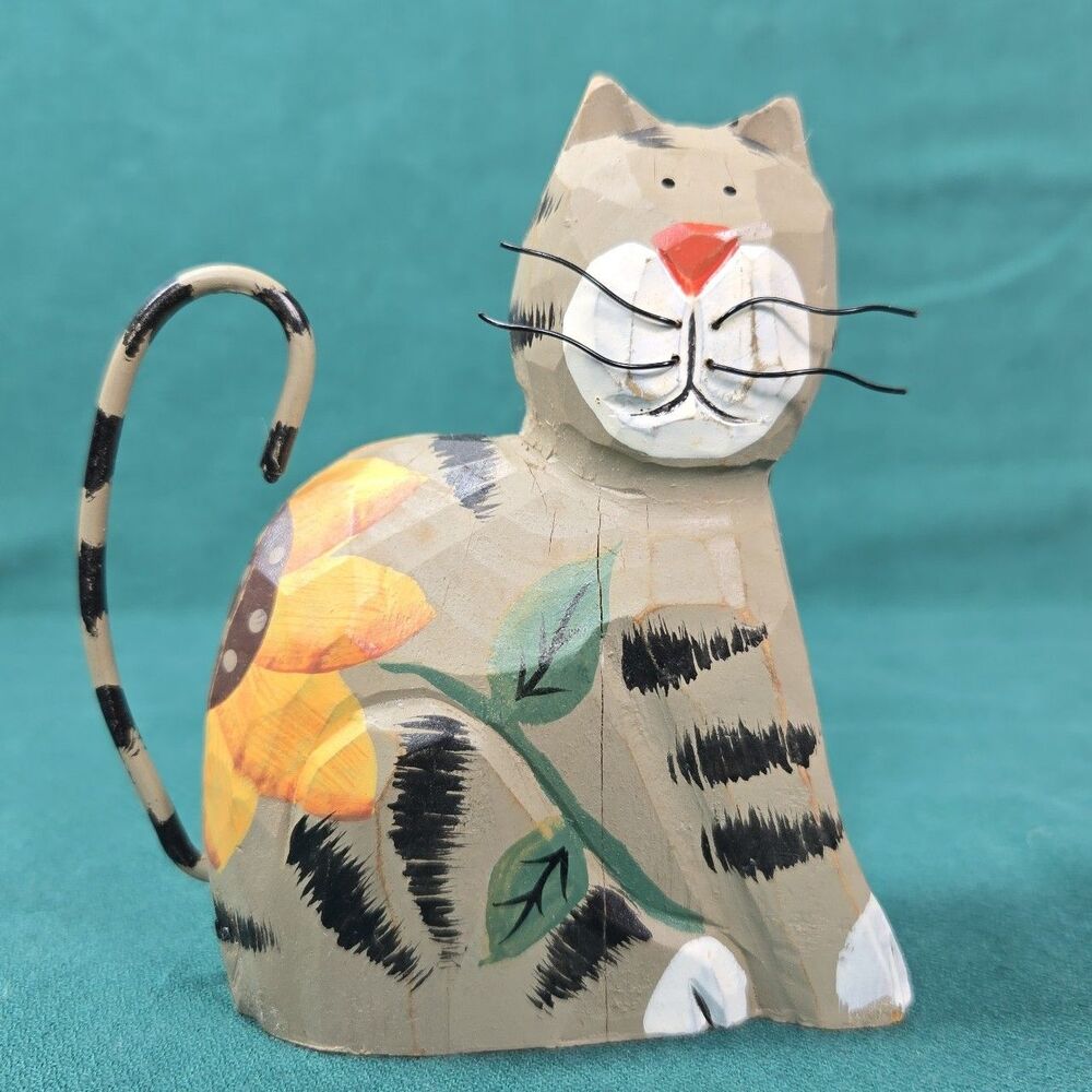 Wood Cat Figurine with Sunflower Design Folk Art Floral Crazy Cat Lady Cat Lover